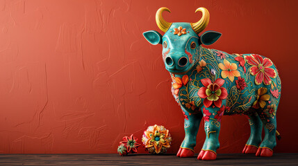 Aufkleber - vibrant 3D ox design with intricate clay textures and floral patterns stands against textured red wall, symbolizing Ox zodiac