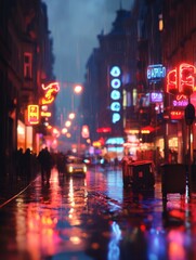 Poster - A wet city street with neon signs, perfect for urban scenes and nighttime photography