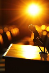 Poster - A single microphone sitting on a wooden table, ideal for use in recording studios, home offices or presentations