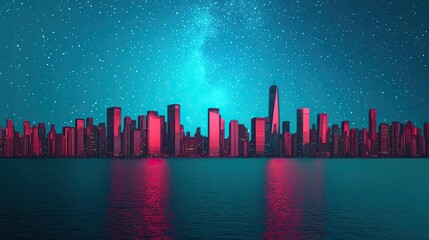 Poster - Dramatic nighttime abstract background concept. A vibrant city skyline illuminated by colorful lights under a starry night sky.