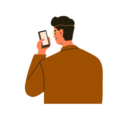 Fototapete - Man looking at mobile phone screen, view from back, behind. Short-sighted person holding, using smartphone, surfing internet, reading online. Flat vector illustration isolated on white background