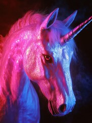 Poster - A close-up view of a unicorn's head featuring a bright pink mane, suitable for use in illustrations, designs, and fantasy-themed projects