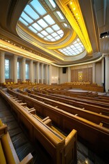 Poster - A spacious room with rows of wooden benches under a skylight
