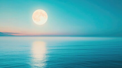 Poster - Dramatic nighttime abstract background concept. Serene view of a full moon shining over calm ocean waters at twilight.