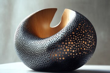 Poster - A wooden bowl with holes sits on a table, suitable for decorative or functional use