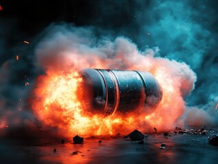 Poster - A large barrel emitting thick black smoke and flames, suitable for use in scenes depicting disaster or chaos