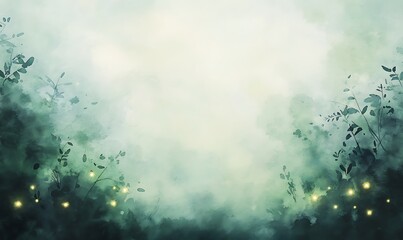 Poster - Mysterious fog with glowing lights in a lush, green environment.