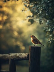 Aufkleber - A small bird is resting on the top of a wooden post, possibly in a garden or yard