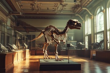 Poster - A fossil exhibit featuring a large dinosaur skeleton among other prehistoric creatures