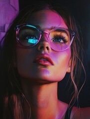 Poster - A portrait of a woman wearing glasses, sitting in front of a blurred background