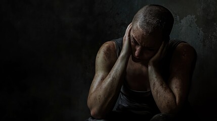 Poster - A person sitting in a darkened space, concealing their face