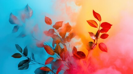Poster - Vibrant Leaves with Colorful Smoke Background in Blue Red and Orange Hues for Nature and Artistic Themes