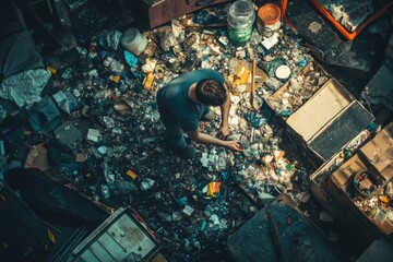 Poster - A person standing amidst a pile of trash and waste