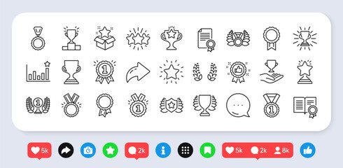 Poster - Award line icons. Social media: share, comment, like icons. Set of Victory cup, Winner medal and Laurel wreath award icons. Reward, Certificate and Diploma message. Vector