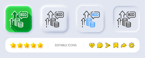 Poster - bid offer line icon. neumorphic, flat shadow, 3d buttons. auction sign. raise the price up symbol. l