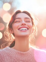 Poster - Bright pastel background highlights a joyful person smiling widely after dental implants with soft bokeh light enhancing the atmosphere