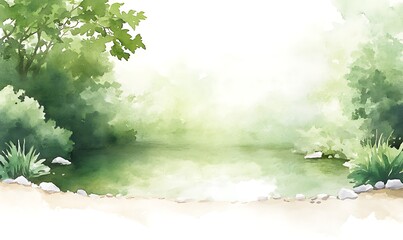 Poster - Serene watercolor landscape featuring a tranquil pond surrounded by lush greenery.