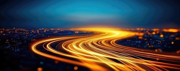 Poster - Dramatic nighttime abstract background concept. Captivating night view of dynamic light trails on a winding road showcasing urban motion.