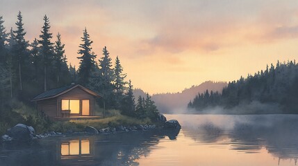 Aufkleber - Serene lakeside cabin at dusk surrounded by trees and mountains.