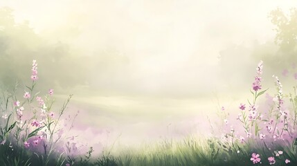Poster - Soft, misty landscape with blooming flowers and ethereal light.