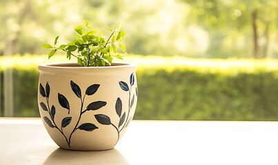 Poster - A potted plant with decorative leaves sits on a table, surrounded by a bright, green background.