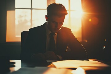 Poster - A man in a business suit sits at a desk, writing on a report