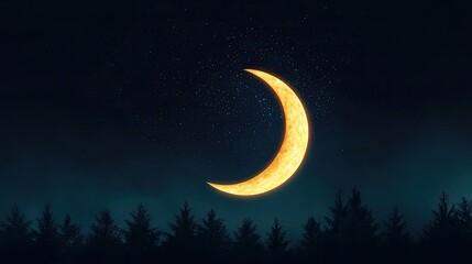 Poster - Dramatic nighttime abstract background concept. A serene night scene featuring a glowing crescent moon over dark forest silhouettes.