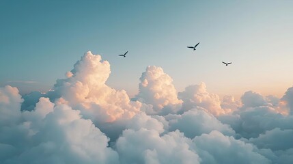 Aufkleber - Aerial landscape abstract background idea. A serene view of fluffy clouds with birds soaring in a pastel sky at dawn.