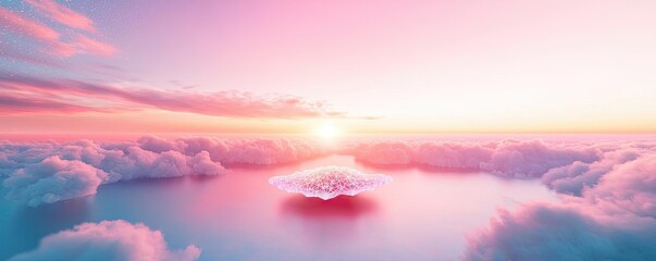 Poster - Aerial landscape abstract background idea. A breathtaking sunset over tranquil waters, surrounded by fluffy clouds and pastel skies.