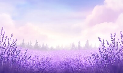 Poster - Lavender field under a serene sky with soft clouds and distant trees.