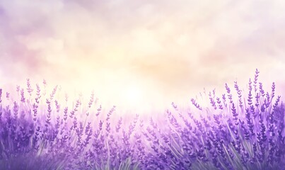 Poster - Lavender field glowing under sunlight with soft pastel sky.