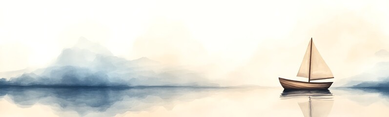 Aufkleber - A serene watercolor painting of a sailing boat on calm waters with misty mountains in the background.