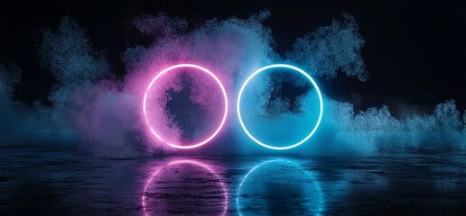 Poster - This 3D rendering showcases a futuristic motherboard floor with a realistic and modern design, incorporating a neon glowing laser circle, a blue purple electric shape, and a smoke SCi Fi inspired