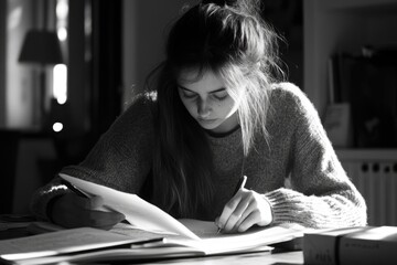 Poster - A person writing at a desk with a piece of paper and pen