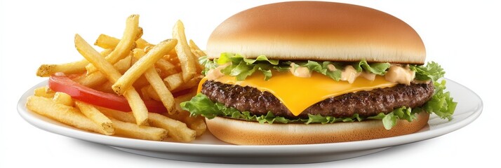 Aufkleber - Delicious cheeseburger with fresh toppings and crispy fries served on a white plate in a casual dining setting