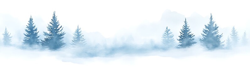 Poster - Wintery landscape featuring misty blue fir trees and a serene atmosphere.