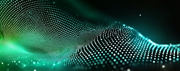 Poster - The visualization of big data is depicted as a dynamic wave of particles set against an abstract green background, created using 3D rendering techniques