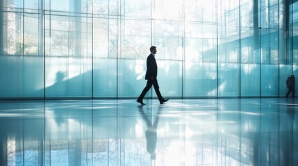 Poster - A professional figure strides confidently in a sleek glass corridor illuminated by natural light. The reflections on the floor add an artistic touch to this contemporary setting
