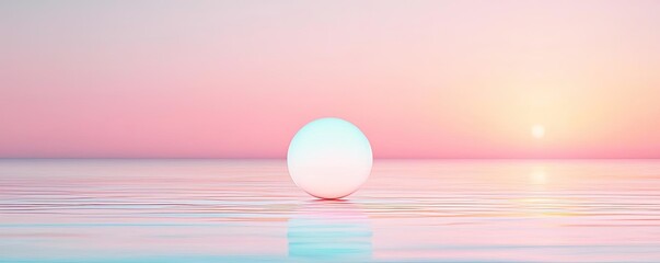 Poster - Abstract art background concept. A serene landscape featuring a reflective sphere at sunset over calm waters.