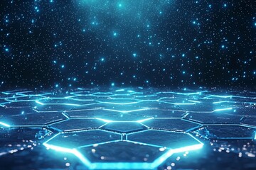 Poster - the abstract blue hue of a futuristic surface is accentuated by a hexagon pattern and radiant light 