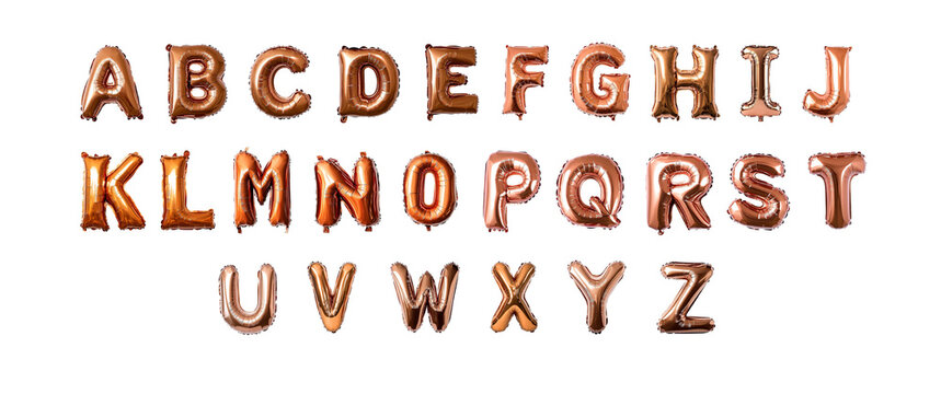 A to Z in Chrome Inflatable Style set Against a Transparent Background. clipping path. png.