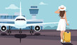 © GN.STUDIO - Woman in white dress with hat holding suitcase near airplane at airport runway, control tower in background. Concept of travel and vacation. Vector illustration