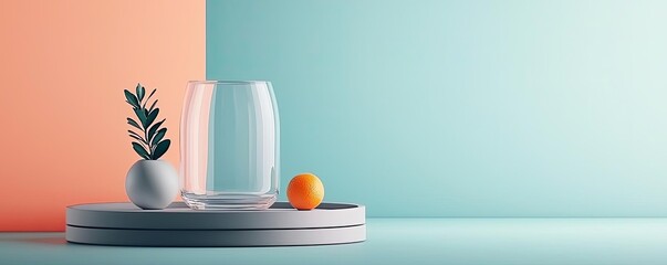 Poster - Abstract art background concept. A minimalist arrangement featuring a glass vase, fruit, and greenery on a pastel background.