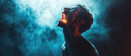 Poster - A person with glasses performing on stage, possibly at a concert or music event