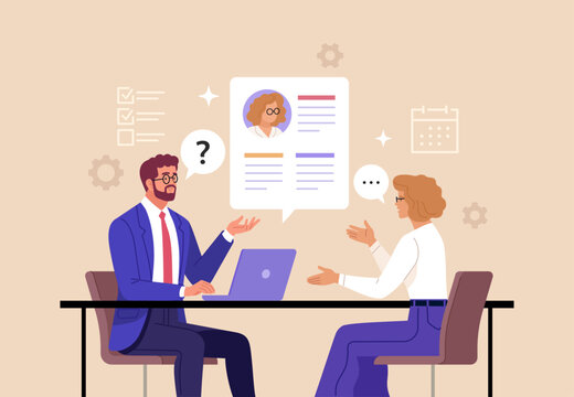 business job interview concept. vector cartoon illustration of a man in suit asking questions and a 