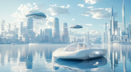 Poster - A creative concept illustration presents a futuristic city 3D scene, showcasing fantastic skyscrapers, towers, and tall buildings, along with flying vehicles, in a sunny sci-fi metropolis town