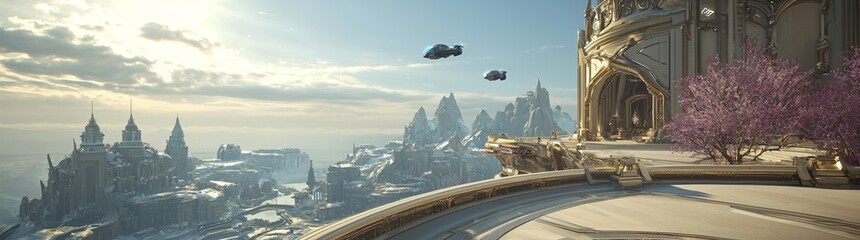 Poster - The panoramic urban view of a megapolis town is depicted in a 3D scene, complete with skyscrapers, towers, tall buildings, and flying vehicles, under a vast sky background