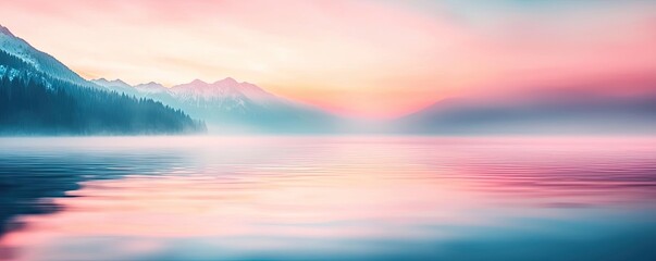 Poster - Abstract art background concept. A serene landscape at sunrise with tranquil waters and soft pastel hues reflecting.
