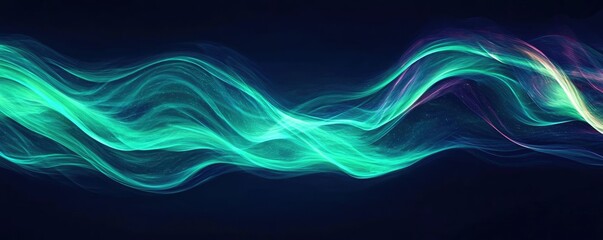 Poster - Dramatic nighttime abstract background concept. Abstract luminous waves in shades of teal and purple against a dark background.