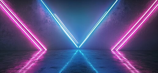 Poster - In a 3D rendering, a sci-fi spaceship is depicted with a futuristic underground tunnel, featuring dark hallway columns made of concrete, cement, and stone, and illuminated by a circle of neon blue